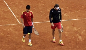 Fernando Verdasco y Feliciano López durante un entrenamiento, © RFET