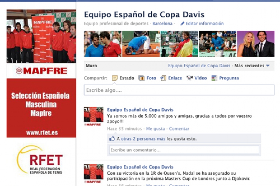 La Seleccin Espaola Mapfre de Copa Davis supera ya los 5 mil fans en Facebook