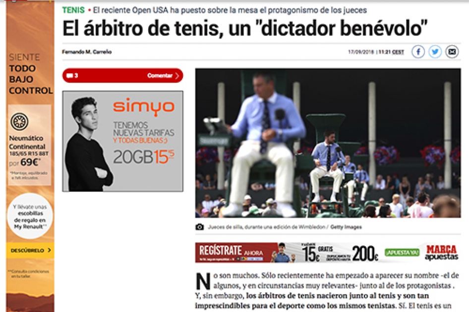 El diario Marca publica un artículo sobre la labor del árbitro de tenis El diario Marca publica un artículo sobre la labor del árbitro de tenis